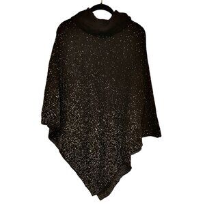NWT Womens Chico's Black Silver Speckled Cowl Neck Knit Poncho Sweater Sz Large